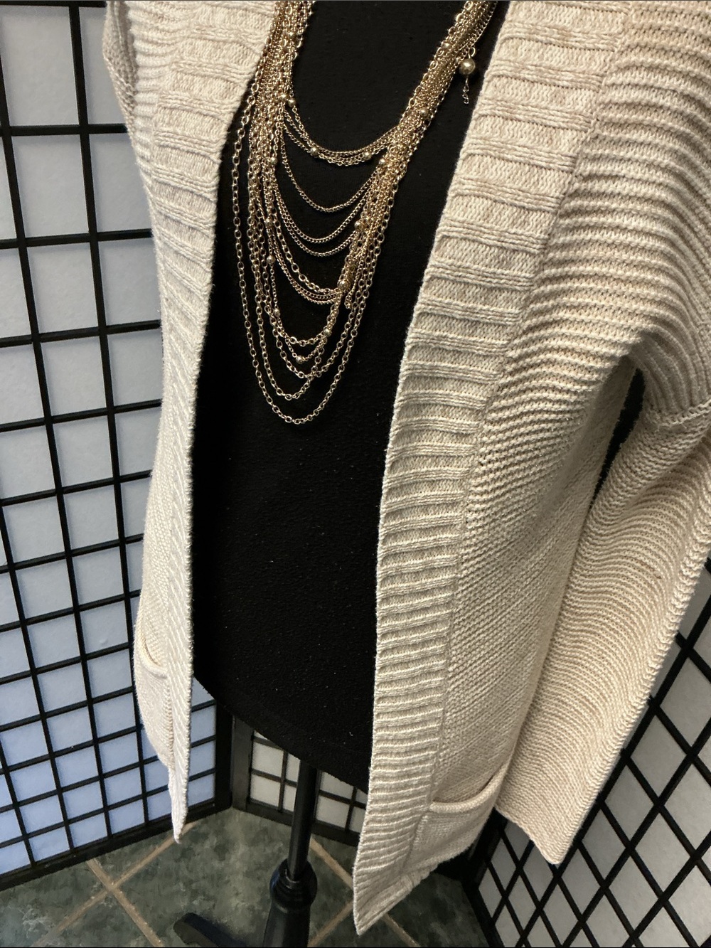 Express Light Beige Open-Front Ribbed Cardigan - Picture 4 of 10